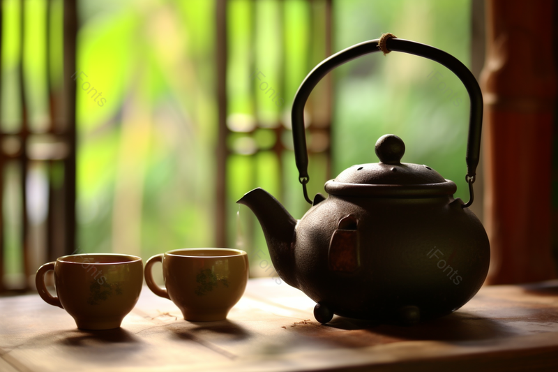 绿色的树林的木屋里的传统元素的茶具茶壶和茶杯热饮,高清,摄影图,摄影图片,图片大全,摄影图免费下载